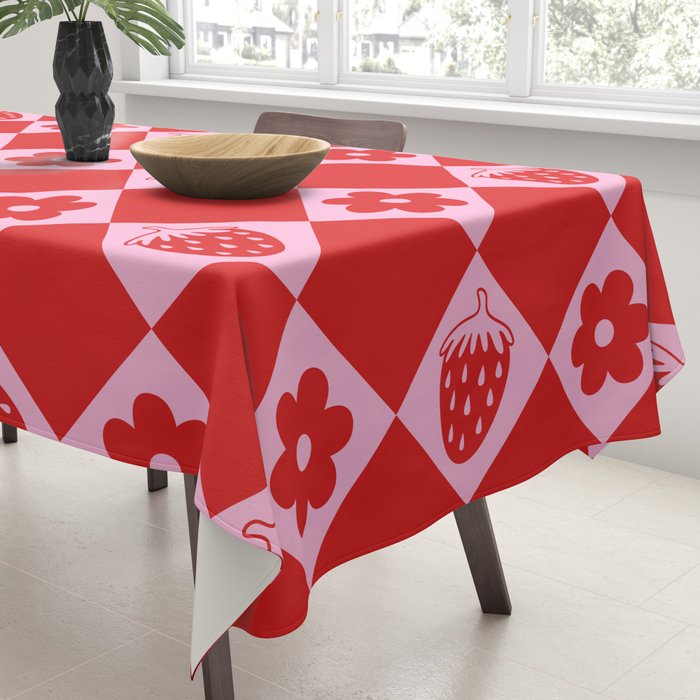 Flowers And Strawberry Pink & Red Checker Tablecloth Gallery Image 3
