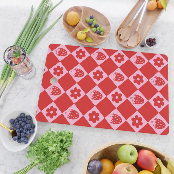 Flowers And Strawberry Pink & Red Checker Cutting Board Gallery Image 2