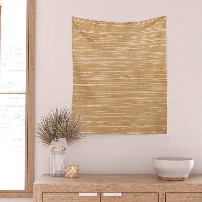 Mustard White Lines Minimalist Artwork Wall Tapestry Gallery Image 2