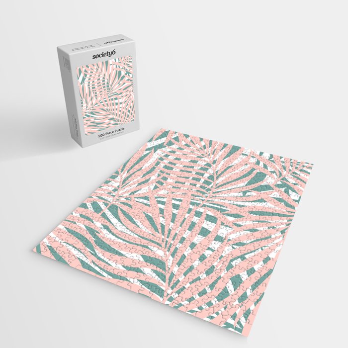 Summer, Tropical Green and Pink, Palm Leaves Pattern Jigsaw Puzzle Gallery Image 2