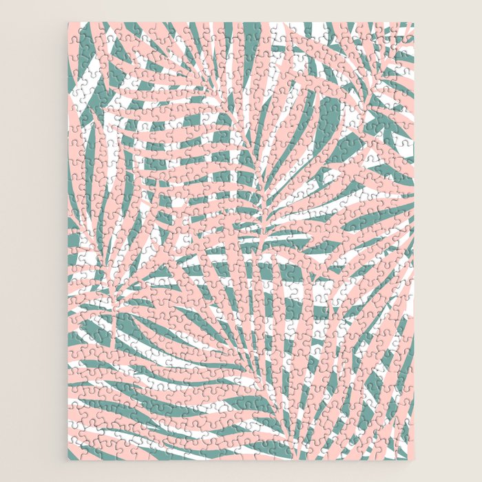 Summer, Tropical Green and Pink, Palm Leaves Pattern Jigsaw Puzzle Gallery Image 1