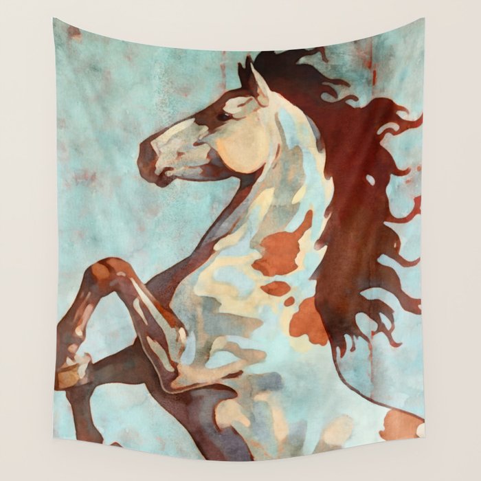 Horse Watercolor in Turqoise and Rust Wall Tapestry Gallery Image 2