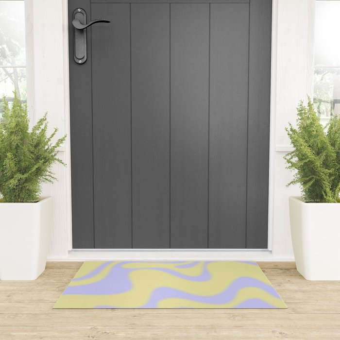 Dreamy Retro Liquid Swirl Contemporary Abstract 2 in Butter Yellow and Lavender Pastel Welcome Mat Gallery Image 3