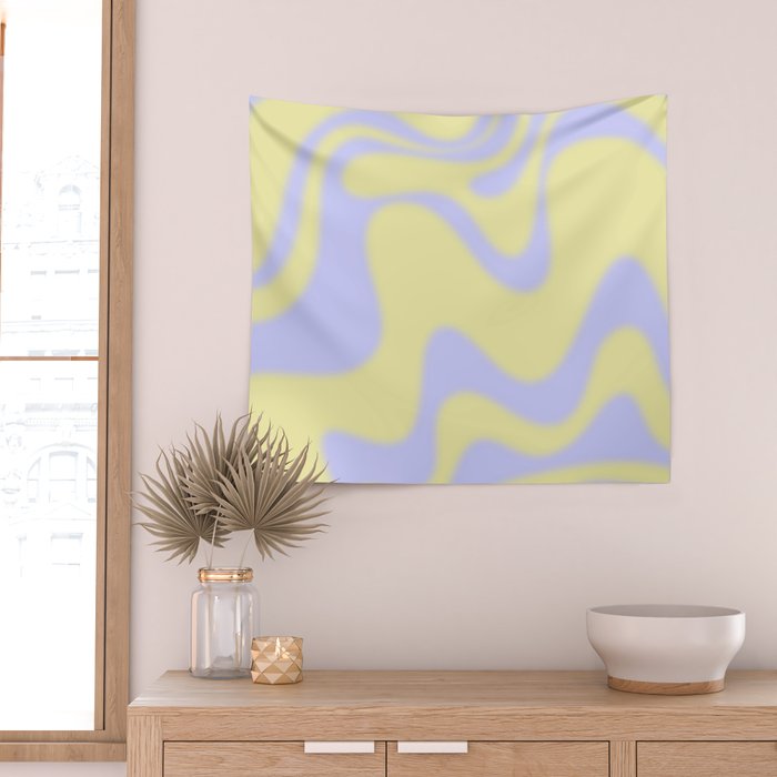 Dreamy Retro Liquid Swirl Contemporary Abstract 2 in Butter Yellow and Lavender Pastel Wall Tapestry Gallery Image 2