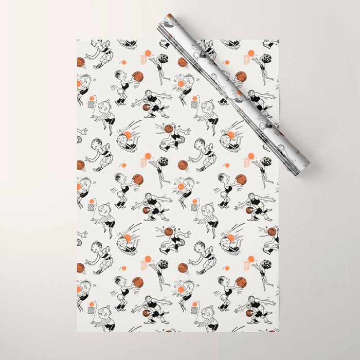 Basketball Fun Comic Illustration Pattern with Balls on Grey Background Wrapping Paper Gallery Image 1