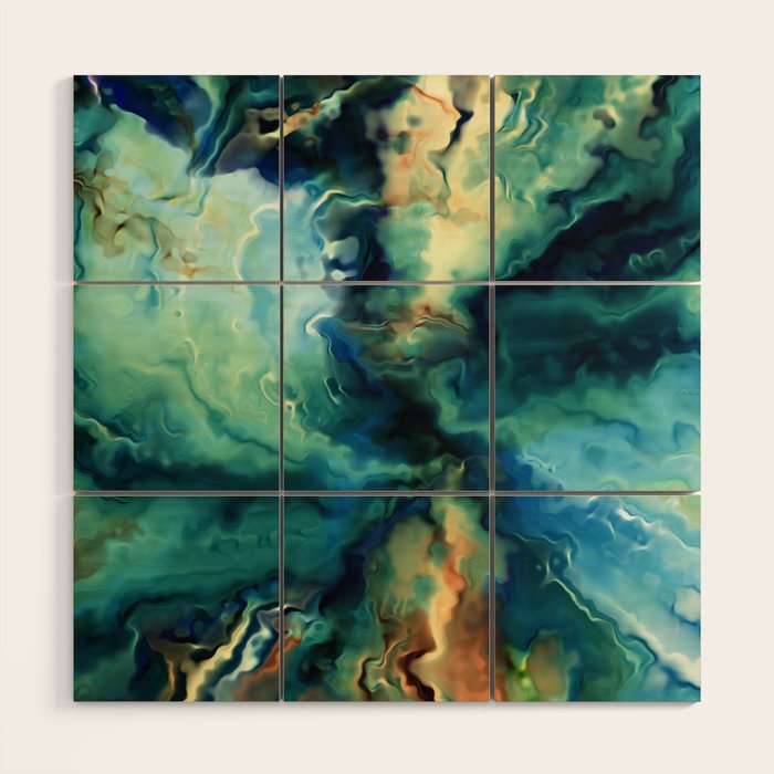 Marbled Ocean Abstract, Navy, Blue, Teal, Green Wood Wall Art Gallery Image 1
