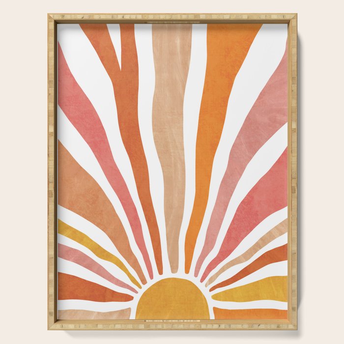 Retro abstract sun in pink, peach, yellow, orange Serving Tray Gallery Image 1