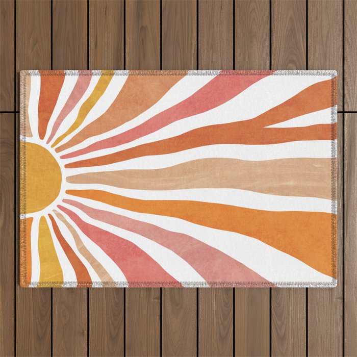 Retro abstract sun in pink, peach, yellow, orange Outdoor Rug Gallery Image 1