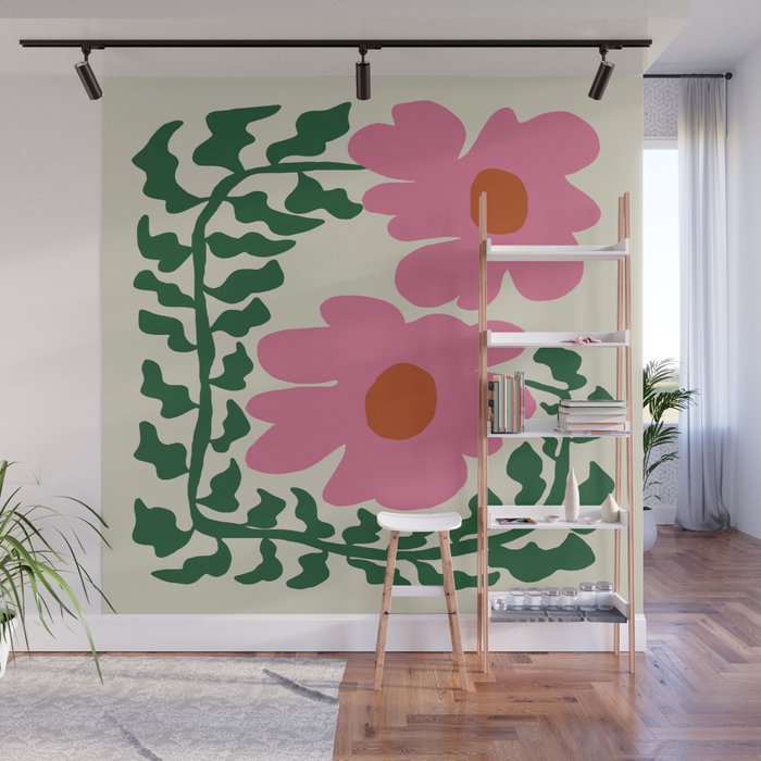 Fun Fern and pink poppy  Wall Mural Gallery Image 1