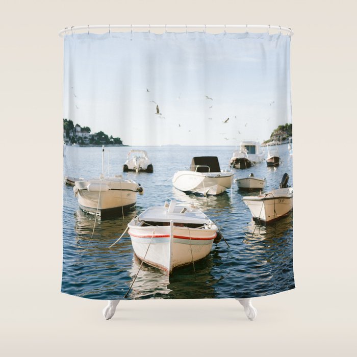 Boats of Hvar | Croatia ocean sea fine art photography print | Wanderlust travel poster Shower Curtain Gallery Image 1