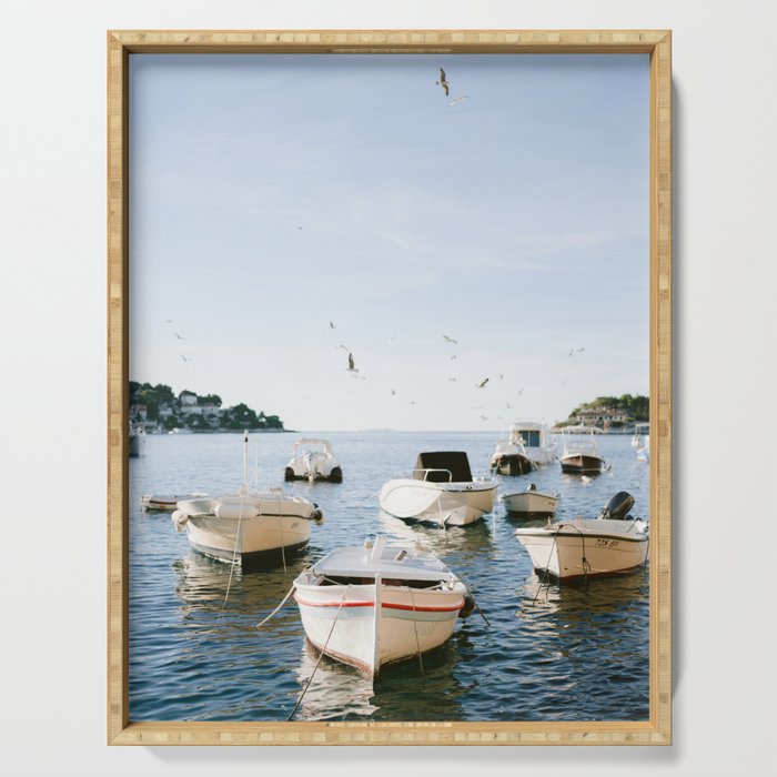 Boats of Hvar | Croatia ocean sea fine art photography print | Wanderlust travel poster Serving Tray Gallery Image 1