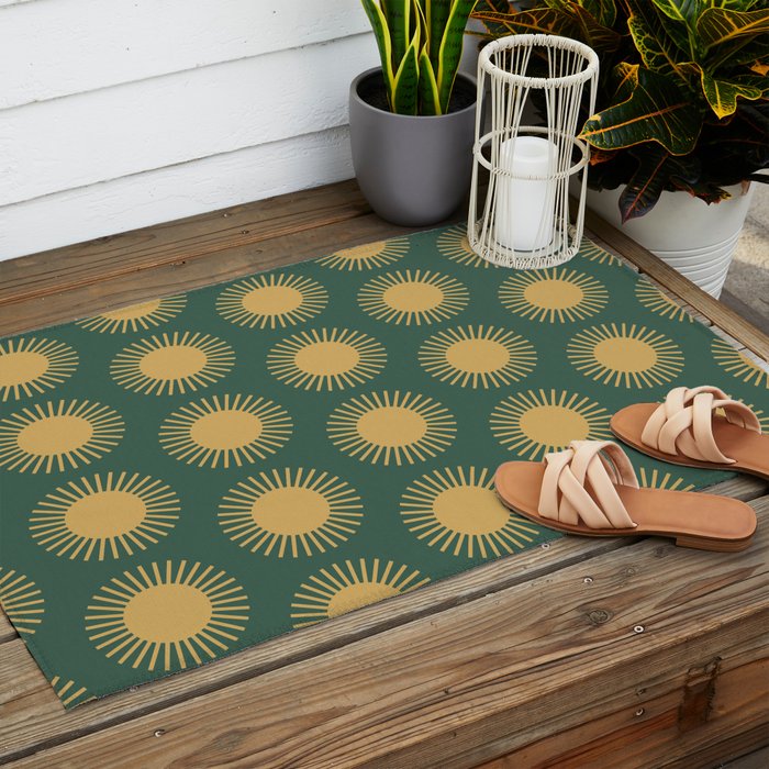 Boho Summer Sun Pattern X Kelly Green and Yellow Outdoor Rug Gallery Image 2