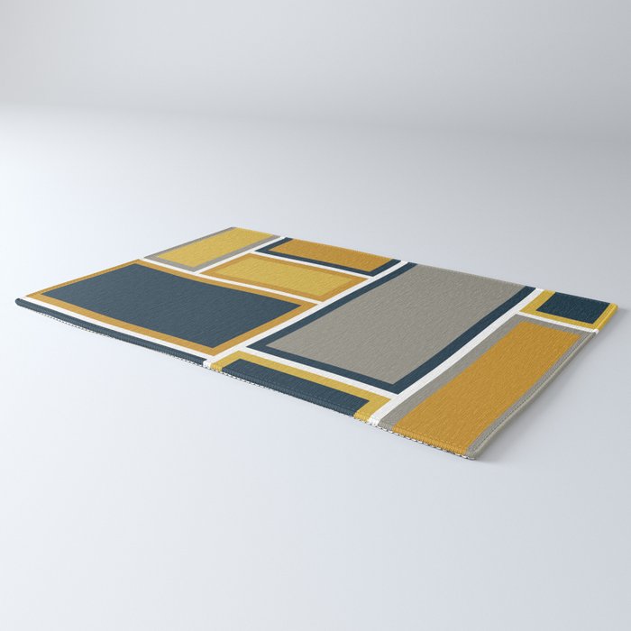 Modular Midcentury Modern Geometric Pattern in Navy Blue, Mustard, Grey, and White Rug Gallery Image 3