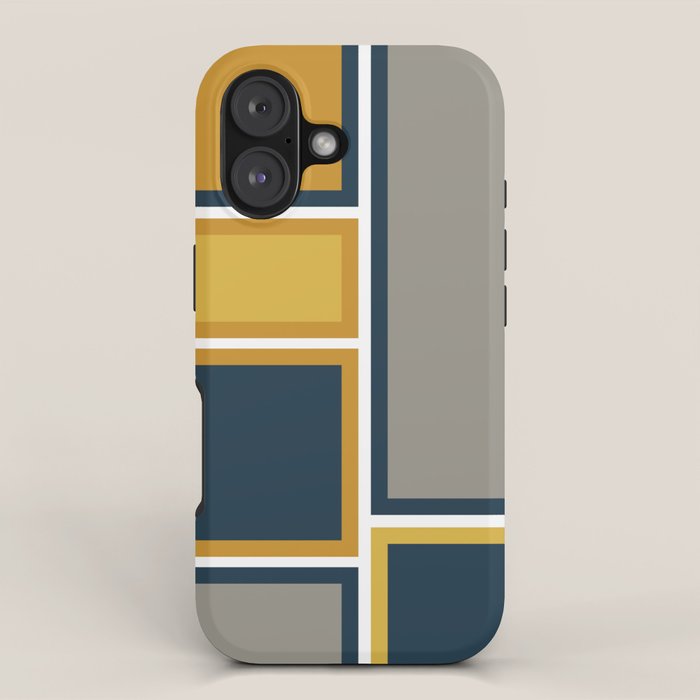 Modular Midcentury Modern Geometric Pattern in Navy Blue, Mustard, Grey, and White iPhone Case Gallery Image 1