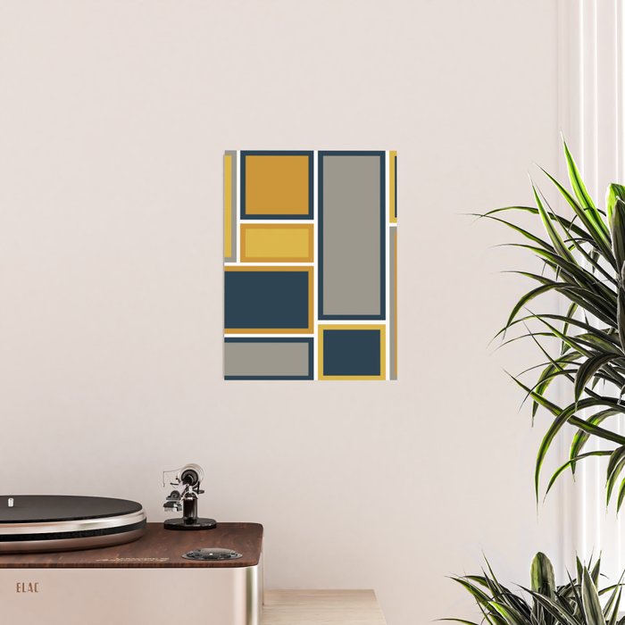 Modular Midcentury Modern Geometric Pattern in Navy Blue, Mustard, Grey, and White Poster Gallery Image 2