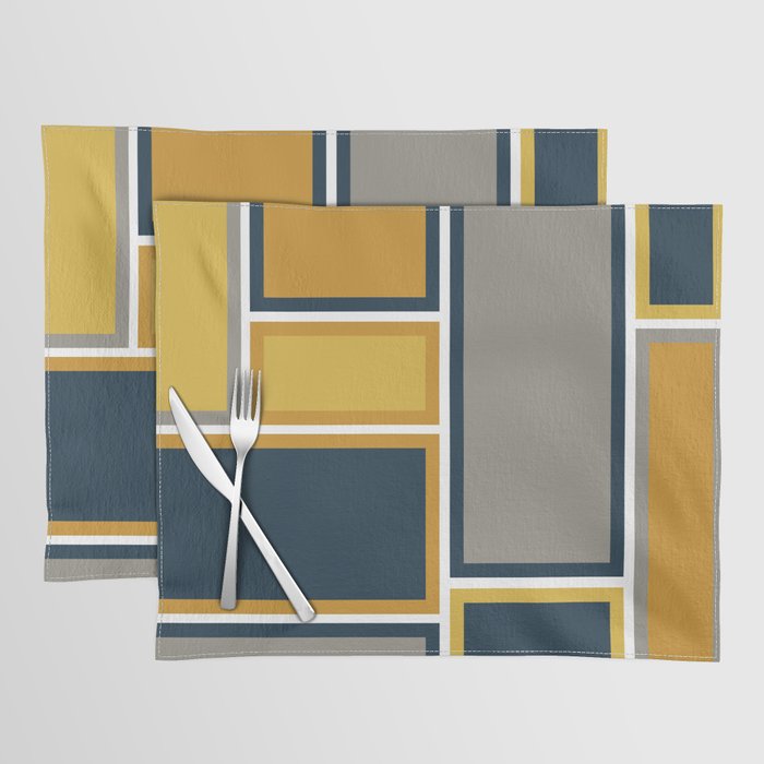 Modular Midcentury Modern Geometric Pattern in Navy Blue, Mustard, Grey, and White Placemat Gallery Image 1