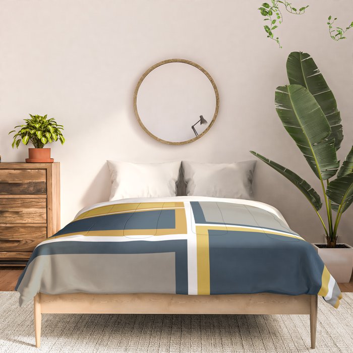 Modular Midcentury Modern Geometric Pattern in Navy Blue, Mustard, Grey, and White Comforter Gallery Image 3