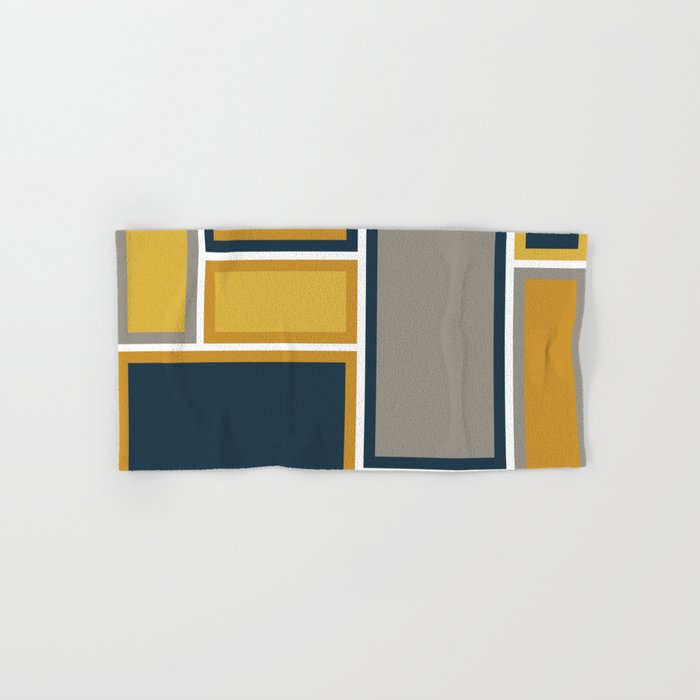 Modular Midcentury Modern Geometric Pattern in Navy Blue, Mustard, Grey, and White Bath Towel Gallery Image 1
