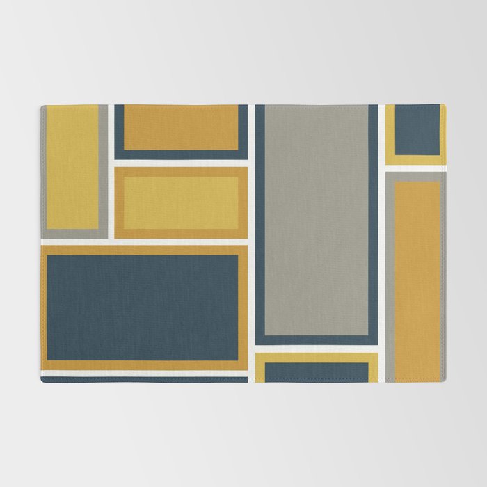 Modular Midcentury Modern Geometric Pattern in Navy Blue, Mustard, Grey, and White Rug Gallery Image 2