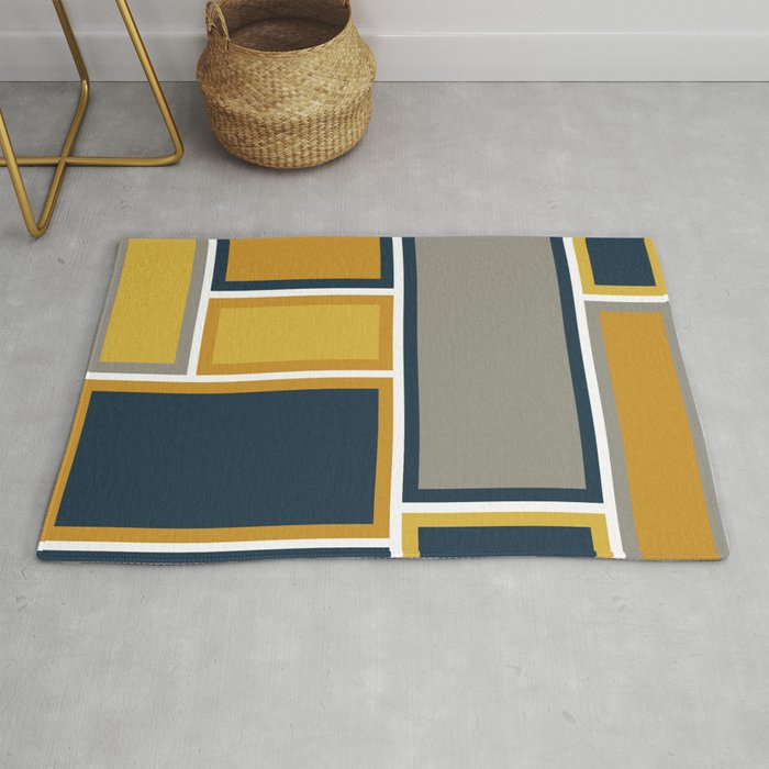 Modular Midcentury Modern Geometric Pattern in Navy Blue, Mustard, Grey, and White Rug Gallery Image 1