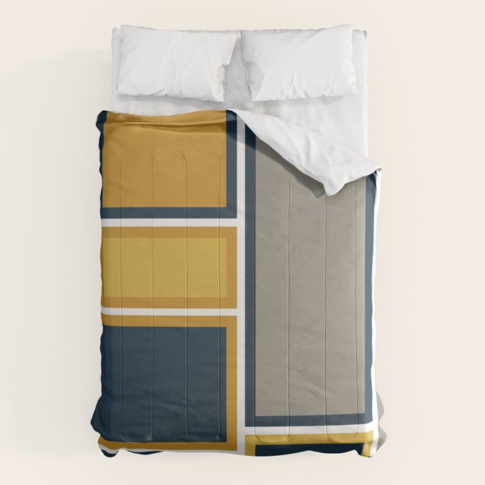 Modular Midcentury Modern Geometric Pattern in Navy Blue, Mustard, Grey, and White Comforter Gallery Image 1