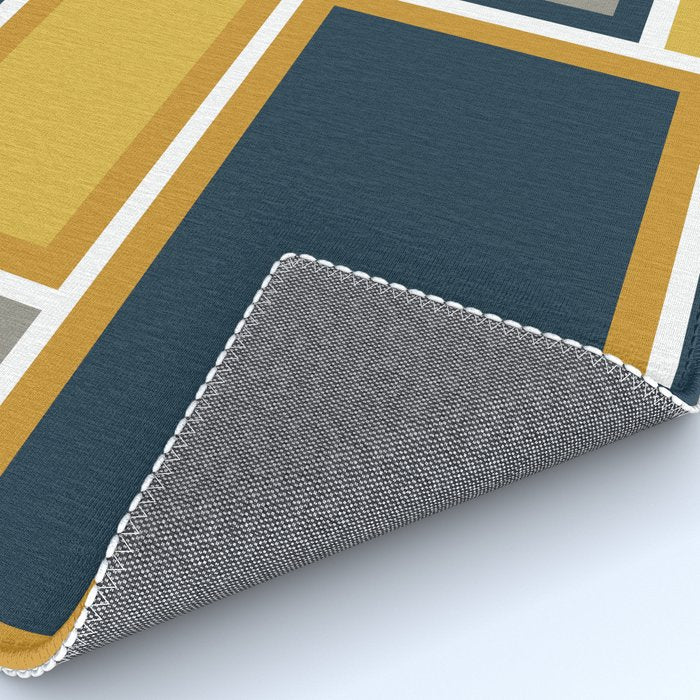 Modular Midcentury Modern Geometric Pattern in Navy Blue, Mustard, Grey, and White Rug Gallery Image 4