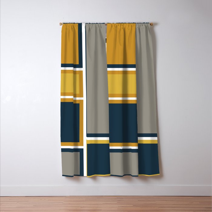 Modular Midcentury Modern Geometric Pattern in Navy Blue, Mustard, Grey, and White Window Curtain Gallery Image 3
