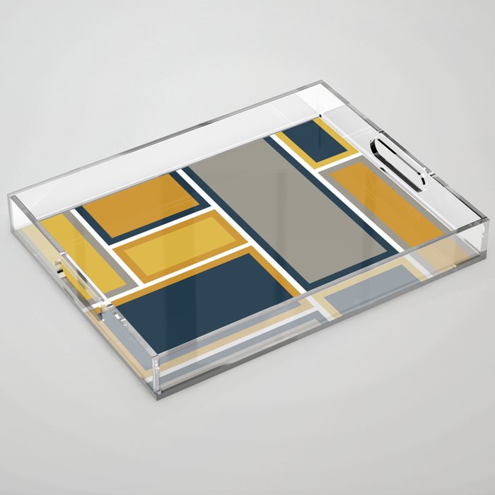 Modular Midcentury Modern Geometric Pattern in Navy Blue, Mustard, Grey, and White Acrylic Tray Gallery Image 1