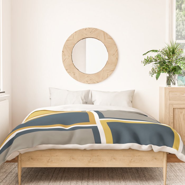 Modular Midcentury Modern Geometric Pattern in Navy Blue, Mustard, Grey, and White Duvet Cover Gallery Image 3