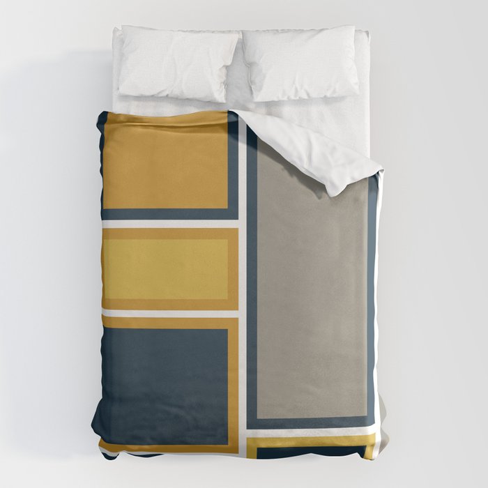 Modular Midcentury Modern Geometric Pattern in Navy Blue, Mustard, Grey, and White Duvet Cover Gallery Image 1