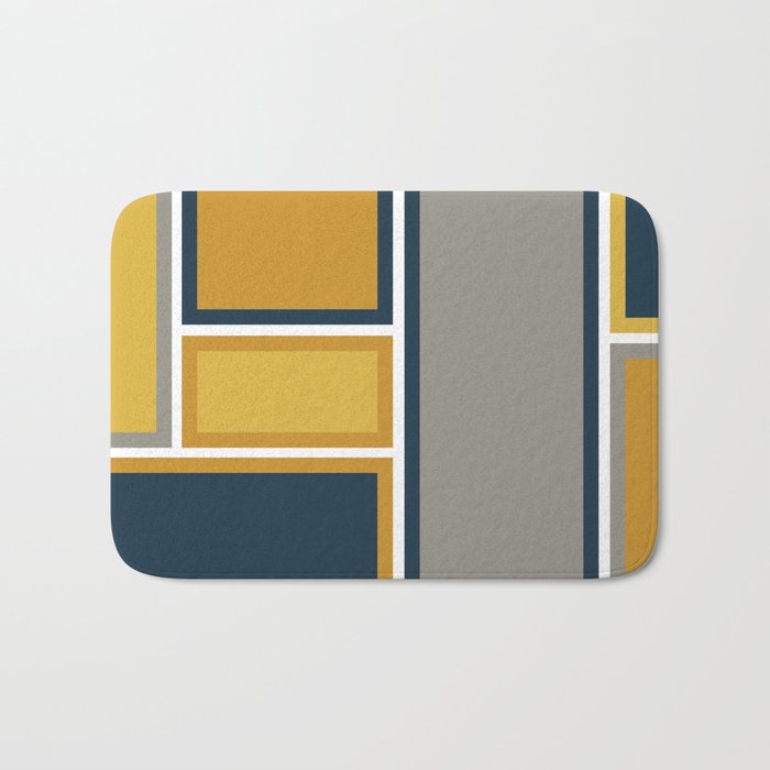 Modular Midcentury Modern Geometric Pattern in Navy Blue, Mustard, Grey, and White Bath Mat Gallery Image 1