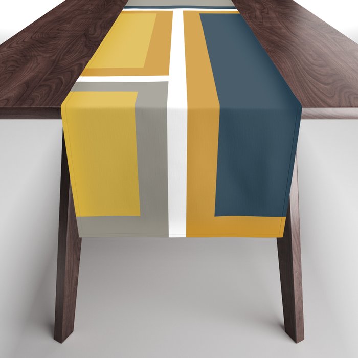 Modular Midcentury Modern Geometric Pattern in Navy Blue, Mustard, Grey, and White Table Runner Gallery Image 1