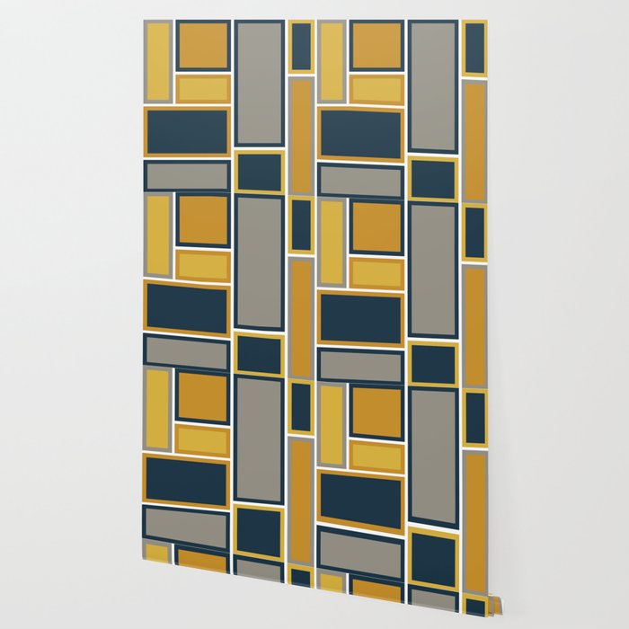 Modular Midcentury Modern Geometric Pattern in Navy Blue, Mustard, Grey, and White Wallpaper Gallery Image 2