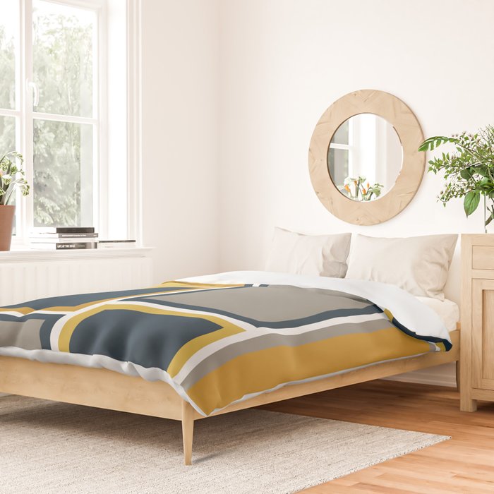 Modular Midcentury Modern Geometric Pattern in Navy Blue, Mustard, Grey, and White Duvet Cover Gallery Image 2