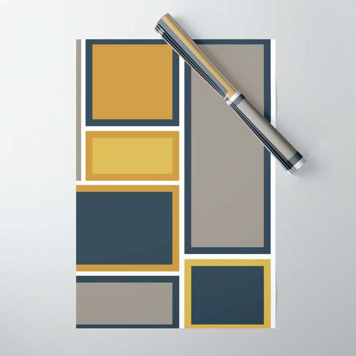 Modular Midcentury Modern Geometric Pattern in Navy Blue, Mustard, Grey, and White Wrapping Paper Gallery Image 1