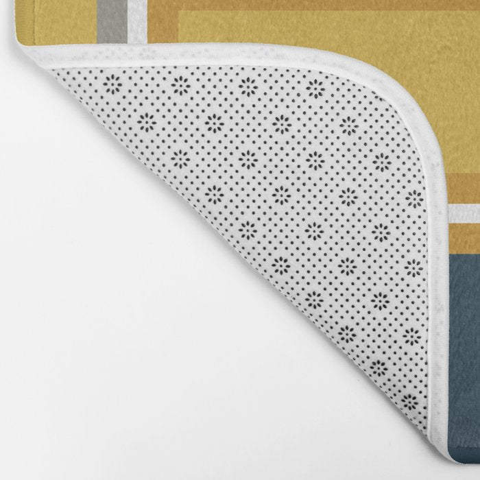 Modular Midcentury Modern Geometric Pattern in Navy Blue, Mustard, Grey, and White Bath Mat Gallery Image 2