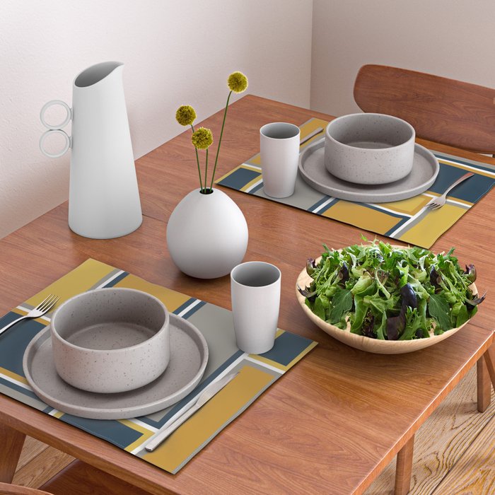 Modular Midcentury Modern Geometric Pattern in Navy Blue, Mustard, Grey, and White Placemat Gallery Image 2