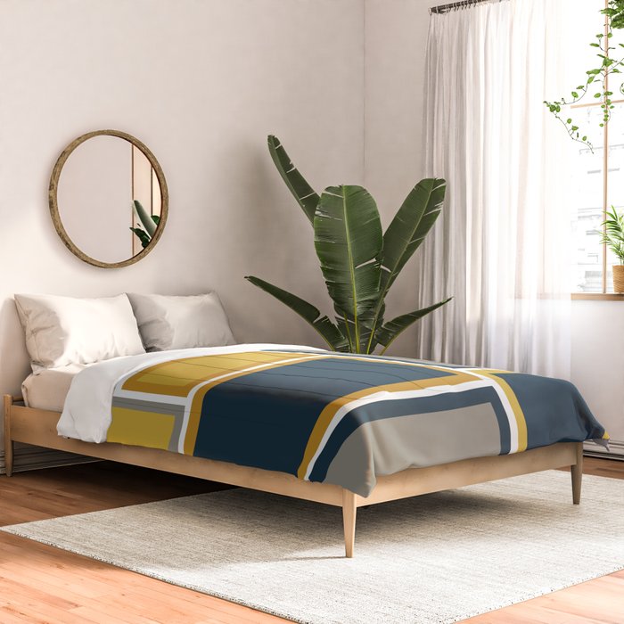 Modular Midcentury Modern Geometric Pattern in Navy Blue, Mustard, Grey, and White Comforter Gallery Image 2