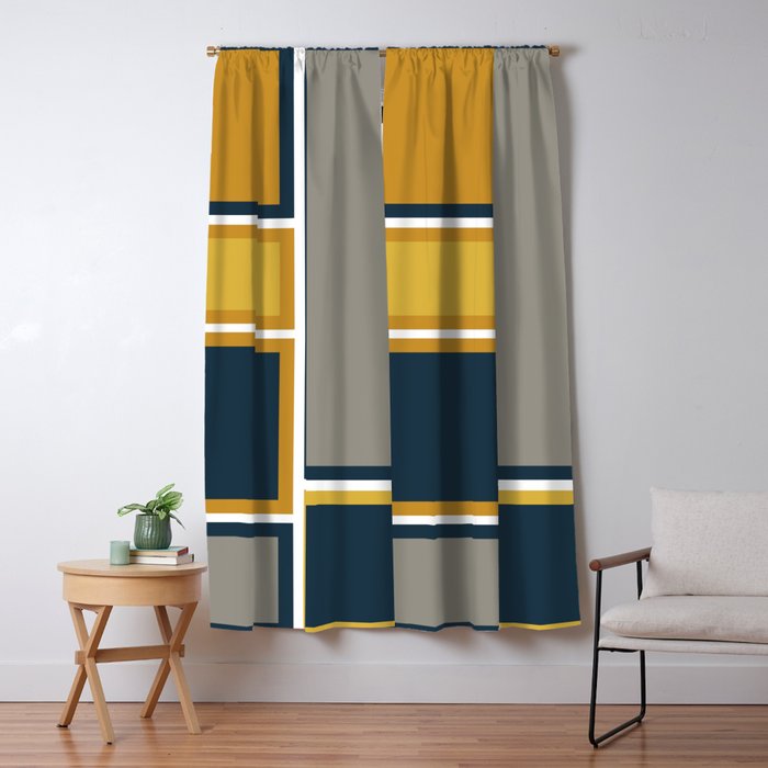 Modular Midcentury Modern Geometric Pattern in Navy Blue, Mustard, Grey, and White Window Curtain Gallery Image 5