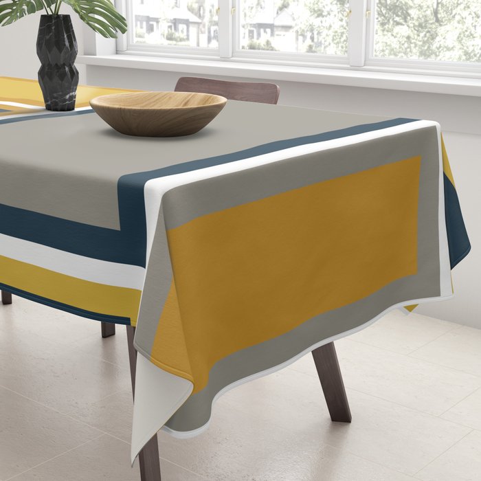 Modular Midcentury Modern Geometric Pattern in Navy Blue, Mustard, Grey, and White Tablecloth Gallery Image 3