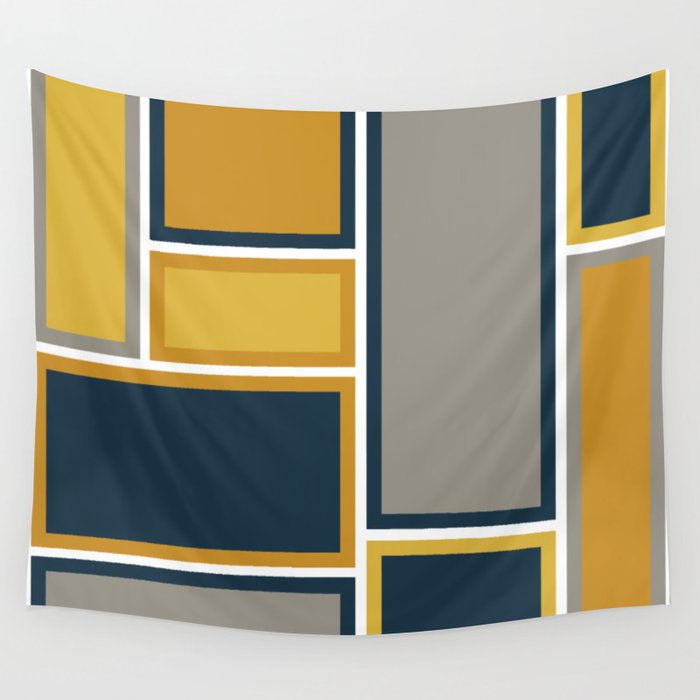 Modular Midcentury Modern Geometric Pattern in Navy Blue, Mustard, Grey, and White Wall Tapestry Gallery Image 4