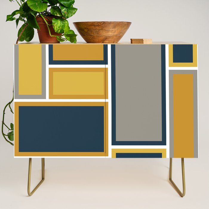 Modular Midcentury Modern Geometric Pattern in Navy Blue, Mustard, Grey, and White Credenza Gallery Image 1