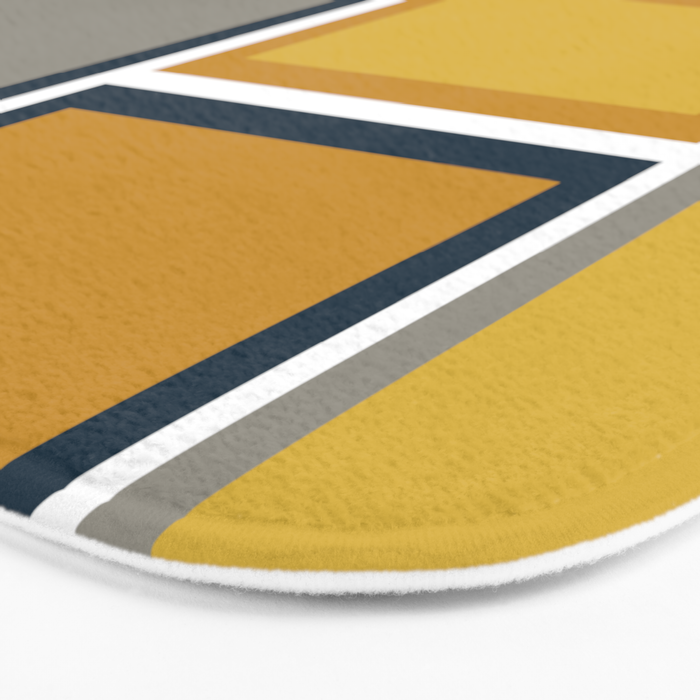 Modular Midcentury Modern Geometric Pattern in Navy Blue, Mustard, Grey, and White Bath Mat Gallery Image 3