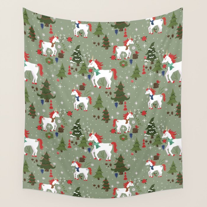 Christmas Winter Unicorn Pattern Wall Tapestry Gallery Image 1