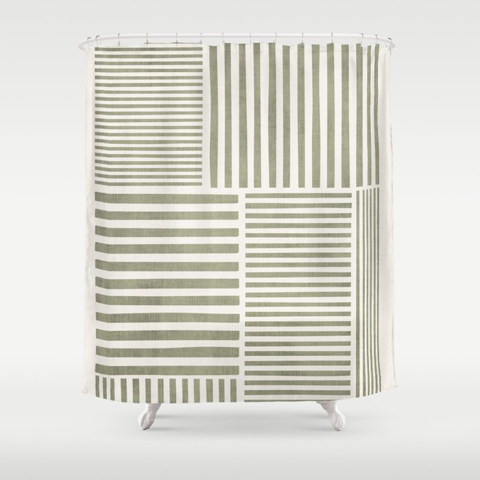 Neutral Green Lines Minimalist Artwork Shower Curtain Gallery Image 1