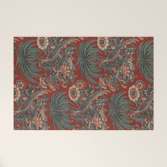 Classic Chinese Chinoiserie Floral Bird Pattern Red Welcome Mat Gallery Image 1