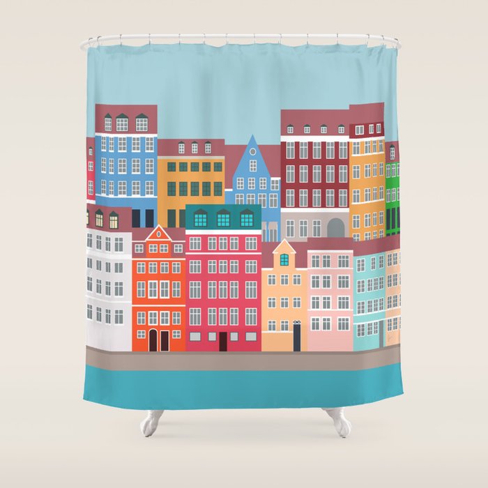 Denmark, Nyhavn, Copenhagen Travel Poster Shower Curtain Gallery Image 1