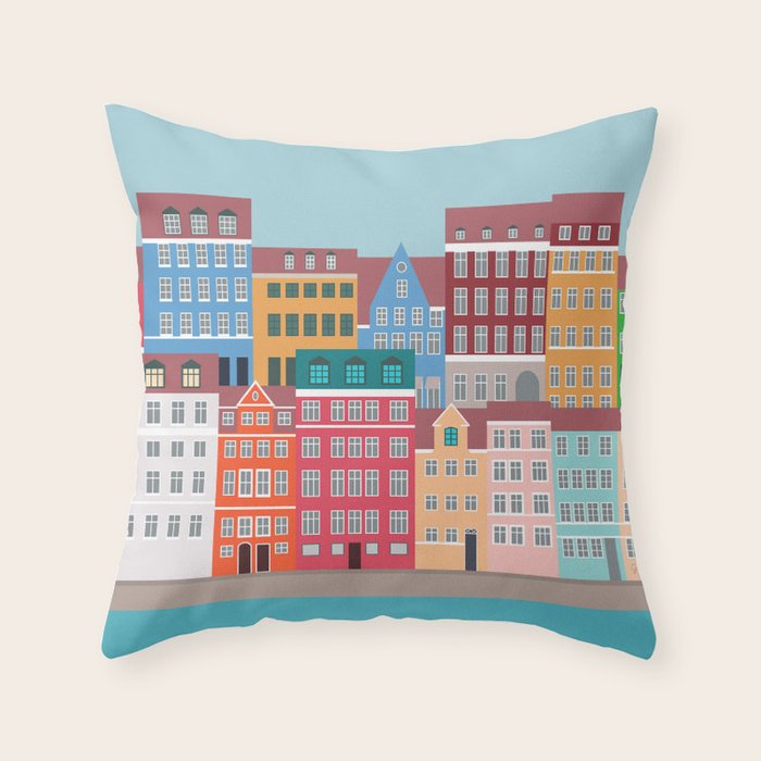 Denmark, Nyhavn, Copenhagen Travel Poster Throw Pillow Gallery Image 1