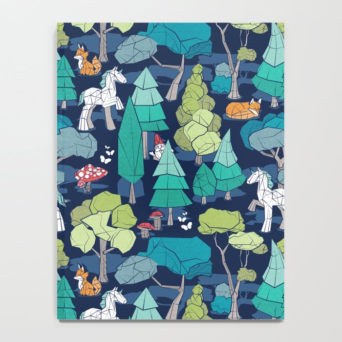 Geometric whimsical wonderland // navy blue background green forest with unicorns foxes gnomes and mushrooms Notebook Gallery Image 4