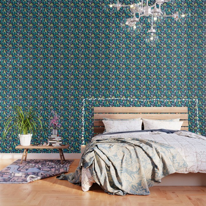Geometric whimsical wonderland // navy blue background green forest with unicorns foxes gnomes and mushrooms Wallpaper Gallery Image 1